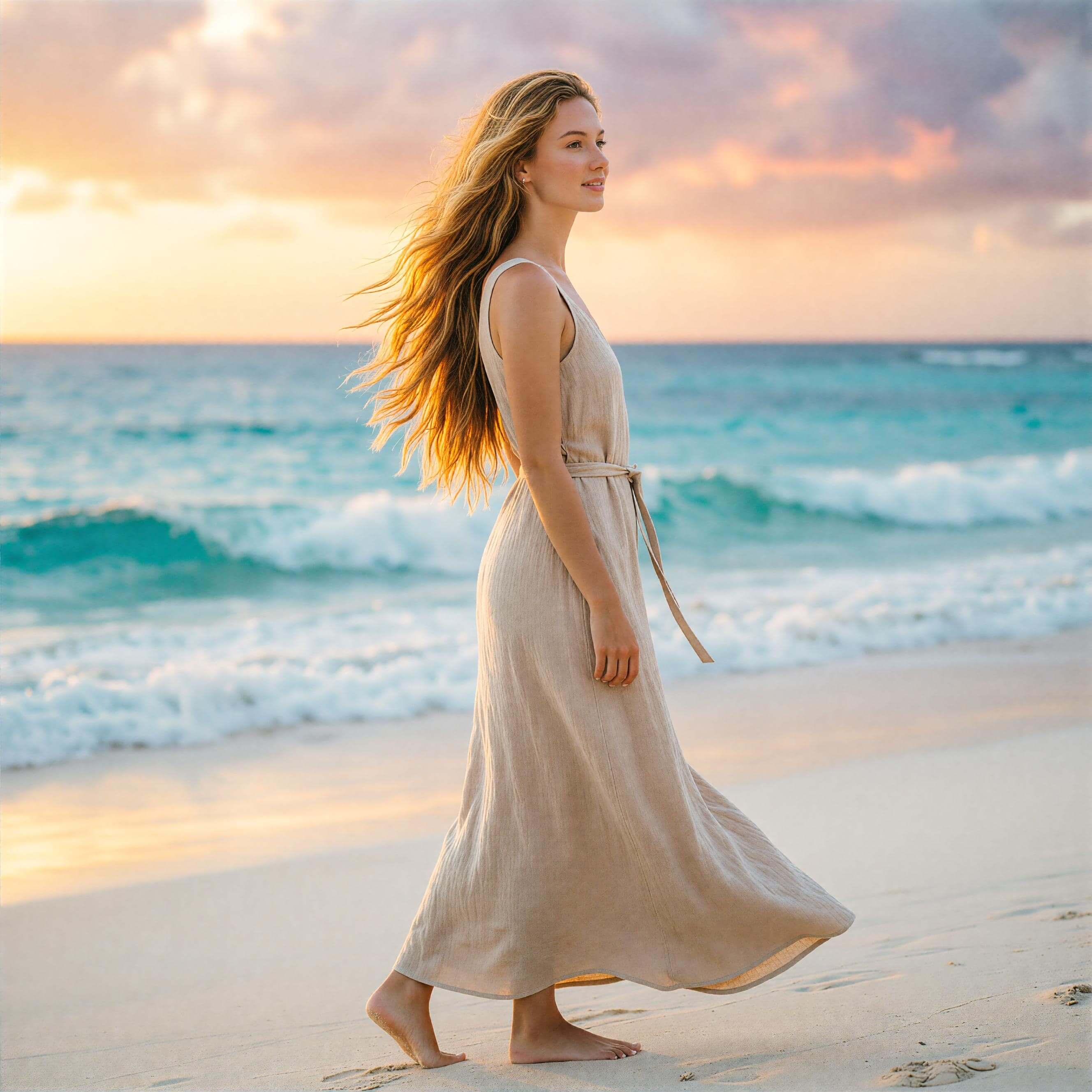 AI hairstyle changer example: A Stroll by the Sea